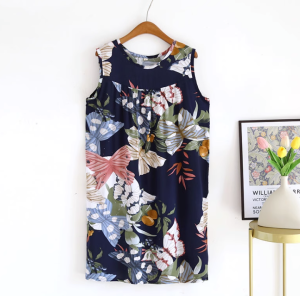 Ultra-Thin Summer Cotton Silk Sleep Dress round Neck Sleeveless Artificial Cotton Cool Silk Floral Countryside Strap Dress plus Size