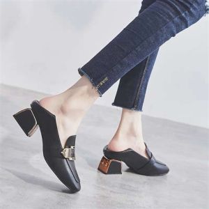 Womens Soft Leather Flat Shoes Spring Summer New Style Square Head Slip-On Shoes British Style Korean Version Versatile Flats