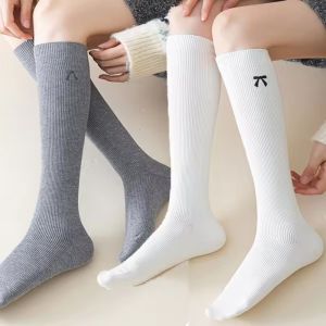 Knee High Long Socks Women Embroidered Bow Stockings Autumn Winter Trendy Casual Thigh High Socks Cotton Solid Color Comfortable Stockings