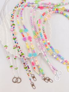 Colorful Candy Flavored Beads Mobile Phone Case Strap Pendant Bag Chain for Women with Colorful Flower Design