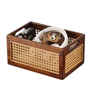 Elegant Rectangular Wicker Storage Basket Desktop Organizer Basket Luxury Feel Wooden Interior Vintage Style Home Storage Box