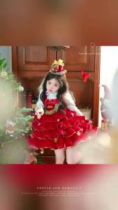 Girls Lolita Princess Dress Childrens Christmas Wear Clothing and Dress Red New Year Battle Gown New Year Clothes