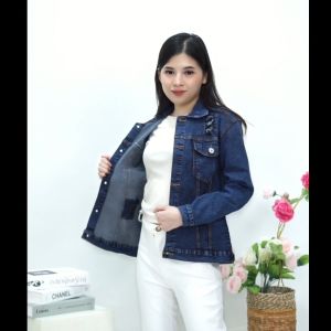 Jaket Jeans Denim Sobek Warna Snowblue Wanita Dewasa Ripped Lengan Panjang Style Kekinian Cewek Nyaman