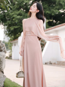 French Elegant Pink Sleeveless Dress Slimming Beautiful Unique Design Summer Long Evening Gown for Girls High Waist Polyester Fiber