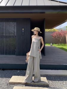 Áo Sơ Mi Cổ Tròn Tay Ngắn Vải Lanh Họa Tiết Hoa Hồng Phong Cách Mới Quần Ống Rộng Bộ Đồ Hai Mảnh Chất Liệu Vải Lanh Mùa Hè