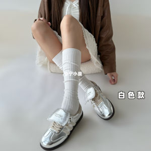 Ning Xiao Yi Womens Mid-Calf Knitted Socks Vertical Stripes Slimming Grey Autumn Winter Spring Leggings Comfortable Home Socks