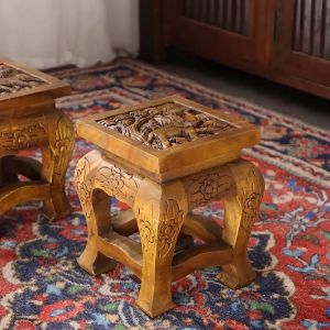 ม้านั่งไม้เนื้อแข็งประเทศไทยลวดลายช้างสลับม้านั่งศิลปะการจัด แต่งโต๊ะตารางเก้าอี้รูปสี่เหลี่ยมตารางอุจจาระ ม้านั่งช้าง