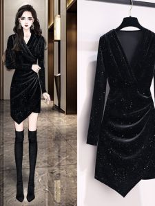 Accessible Luxury Fancy Fall and Winter Ruched Silm Dress Velvet Sheath Dress Elegant V Neck Bottoming Little Black Dress
