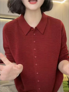 Retro Red Mother Knitwear Autumn New Arrival Fashionable Long Sleeve Shirt Cardigan Small Anti-Aging Elegant Outwear