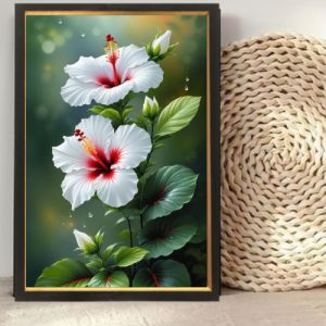 Hiasan dinding lukisan cetak Bunga sepatu putih plus bingkai ukuran 45x65cm