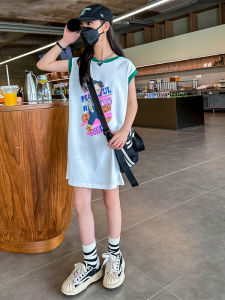 Girls Summer Dopaamine Beach Dress Quick Dry Sports Short Sleeve Children T-Shirt Skirt Casual Loose Waist Regular Sleeve A-Line Skirt