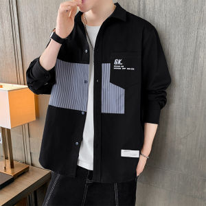 เสื้อเชิ้ตสีตัดกันแบบปะต่อดีไซน์พิเศษเสื้อเชิ้ตแขนยาวแมทช์ง่ายทรงหลวมแบรนด์ยอดนิยมสำหรับผู้ชายเสื้อสุดเท่อินเทรนด์สไตล์เกาหลีสำหรับผู้ชาย