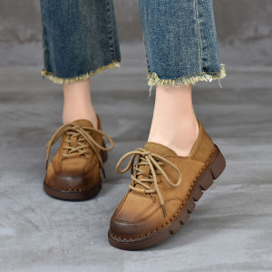 Spring 2025 Fashion Color Block Retro Soft Bottom Womens Flat Bean Shoes Head Layer Cowhide Lace up Casual Loafers
