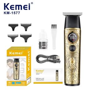 Kemei KM-1577 Metal Embossed Body USB Rechargeable Hair Trimmer Carving Styling Salon Professional Hair Trimmer HD Display Trimmer For Men