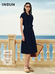 Insun Summer Workwear Style Shoulder Drop Shirt Collar Denim Dress A-Line Skirt Short Sleeve Mid-Length Pure Color Commute