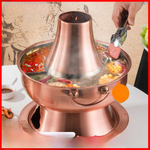 Old Beijing Copper BBQ Stove Charcoal Powered Home Use round Pot for Hot Pot Cooking Stainless Steel Lid Circular Shape 5L Capacity