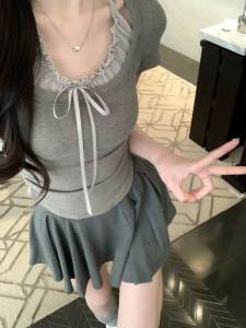 Chic Pure Desire Hot Girl Neck Hanging T-Shirt Womens Summer Slim Fit Short Sleeve Splice Stylish Top Korean Style Commute