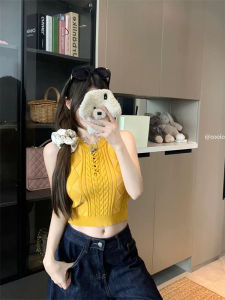 Áo Ba Lỗ Dệt Kim Ngắn Màu Vàng Khoét Lỗ Thời Trang Mùa Hè Cho Nữ Áo Khoác Ngoài Cổ Chữ V Tay Ngắn Dáng Ôm