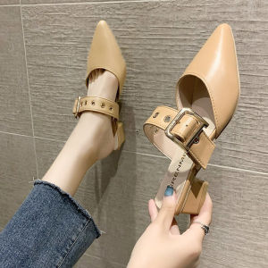 Korean Style Womens Summer Outdoor Wear Pointed Toe Half Slippers Thick Heel High Heels Headed Sandals Trendy Flat Slippers