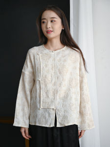 Original Design Cotton Linen Womens Shirt Spring New Loose Long Sleeve Tea Costume Zen Style round Neck Casual Business Top