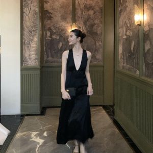Nalysa Minimalist Deep V-neck Sleeveless Vest Dress Black Camisole Dress Loose Backless Long Dress Birthday Dress