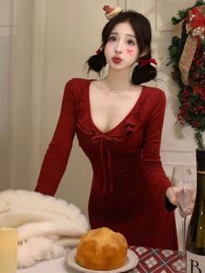 Red Long Sleeve V-Neck Womens Dress with Lace Trim Korean Style Commute High Waist Bumper Skirt Butterfly Knot Autumn Winter