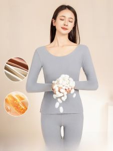 Ladies Seamless Thermal Underwear Fleece Lined Thickened Heating Base Shirt Slim Fit Autumn Winter Set Long Sleeve Polyester Spandex