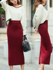 Black Knitted High Waist Slim Fit Long Skirt Womens Autumn Winter Fashion Turn-down Hemline Wrap-around Mini Dress Skirt