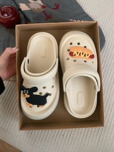 Thin Strip Casual Hole Style Cartoon Animation Sandals for Women 2024 New Summer Dog Beach Shoes Mid Heel Flat Wedge Slippers