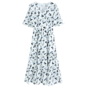 Work MIDI dress women short sleeve v neck high waist a line floral white chiffon polyester work casual evening dinner dating holiday party designer spring summer autumn long dress vacation Korean Galaz