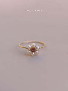 Cecilia 14K Gold Ring with Natural Pearl and Tanzanite Stones Fashionable and Unique Flower Pattern Ring for Women