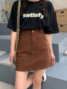 Spring Summer New plus Size High Waist A-Line Casual Denim Mini Skirt Stylish Coffee Color Slimming Short Skirt for Young Women