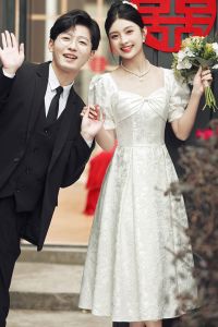 ชุดแต่งงานสไตล์เจ้าหญิงสีชมพู ชุดราตรียาวปานกลาง แขนสั้น ทรงเอ ผ้าโพลีเอสเตอร์ 95% เส้นใยอื่นๆ 5%