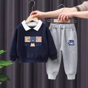 Casual Loose Children's Sweatshirt Set for Boys: Spring & Autumn Two-Piece Clothes Fashionable Streetwear Cotton Polyester Blend