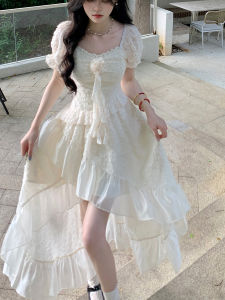 Váy Công Chúa Tay Bồng Không Đối Xứng Kiểu Pháp Thanh Lịch Mùa Hè Cho Nữ Váy Midi Cạp Cao Váy Xếp Nếp Mềm Mại Thanh Lịch