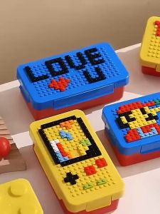 Block Bento Box Funny Building Blocks Design BPA Free Children Kids Bento Lunch Box Plastic Bento Boxes for Kids School Childrens Food Storage Lunchbox Microwavable Safe Food Lunchbox Leakproof Portable Heatable Kids Lunch Boxes Set