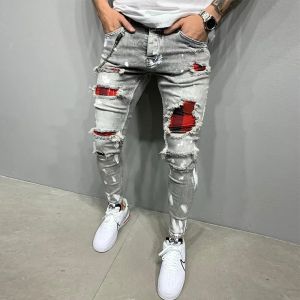 New Mens Skinny Ripped Jeans Fashion Grid Painting Patches Slim Fit Stretch Casual Denim Pencil Pants Beggar Jogging Trousers