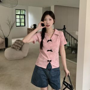 Tie-Dyed Polo Collar Shoulder Short-Sleeved T-shirt Female Summer Plus Size Plus Size Ladies Slimming Slim Fit Asymmetrical Elegant Unique Tops