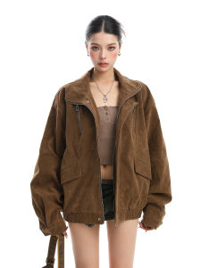 American Melard Style Stand Collar Faux Suede Jacket Thick Warm Loose