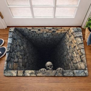 VIKAMA Halloween Trick Skeleton Stone Pit 3D Optical Illusion Flat Entry Mat Non Slip Absorbent Rug Party Bedroom Holiday Decor