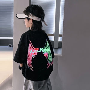 Kids Glowing T-Shirt Short Sleeve Boys Summer Cotton Blend Loose Fit round Neck Print Top for Ages 4-14 Glowing Back Wings Design