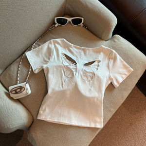 Sweet Spicy Girl Hollow out round Neck Short Sleeve T Shirt Women Summer New Design Waist Cinching Slimming Short Length Top