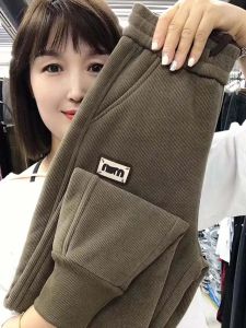 กางเกงลำลองผ้ากำมะหยี่หนาสำหรับผู้ชายในช่วงฤดูหนาว กางเกงขายาวเอวสูง กางเกงขายาวทรงหลวม ปกตั้ง ทรงหลวม ปกตั้ง