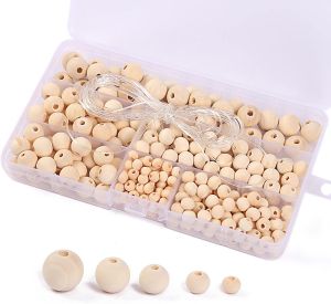 Wooden Beads for Crafting 220Pcs Wooden Round Craft Beads Balls with Hole 6-14mm Small Wood Bead for Crafts Jewellery Bracelet Making