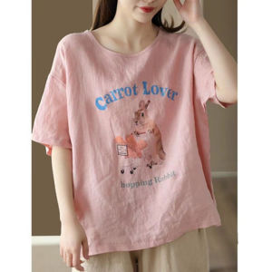 เสื้อยืดลําลองฤดูร้อนสําหรับผู้หญิงพร้อมผ้าฝ้ายผ้าลินินพิมพ์ลายแขนสั้นหลวมพอดีเสื้อผ้าน้ําหนักเบาสําหรับงานปาร์ตี้