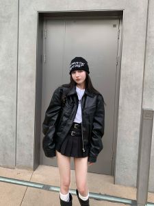 อเมริกันย้อนยุคสั้น เสื้อแจ็คเก็ตหนัง ผู้หญิง หลวม ดีไซน์ Sense เสื้อผ้ามอเตอร์ไซค์ ฤดูใบไม้ร่วง PU ใหม่ หนัง เสื้อโค้ท แฟชั่นผู้หญิง