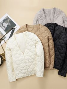 Lightweight Short V-Neck Quilted Jacket Womens Fashion Inner Wear Ultra Thin Duck down Coat Stylish Commute Nylon Fabric