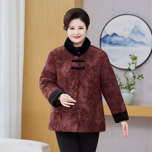 plus Size Thickened New Chinese Style Womens Cotton Jacket Fleece Lined Casual Long Pants High Collar Mid-Length Coat