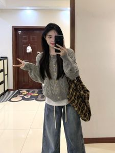 สีเทาเข้ม ถัก คาร์ดิเกน เสื้อสเวตเตอร์ ผู้หญิง ลำลอง แบบสั้น หลวม Fit เสื้อท่อนบน หลากหลาย ฤดูใบไม้ร่วง 2024 แฟชั่นสันทนาการใหม่