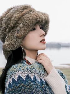 CENCY New Style Double Sided Woven Real Rabbit Fur Beret Hat with Lace Edge Small Face Effect Womens Casual Winter Cap